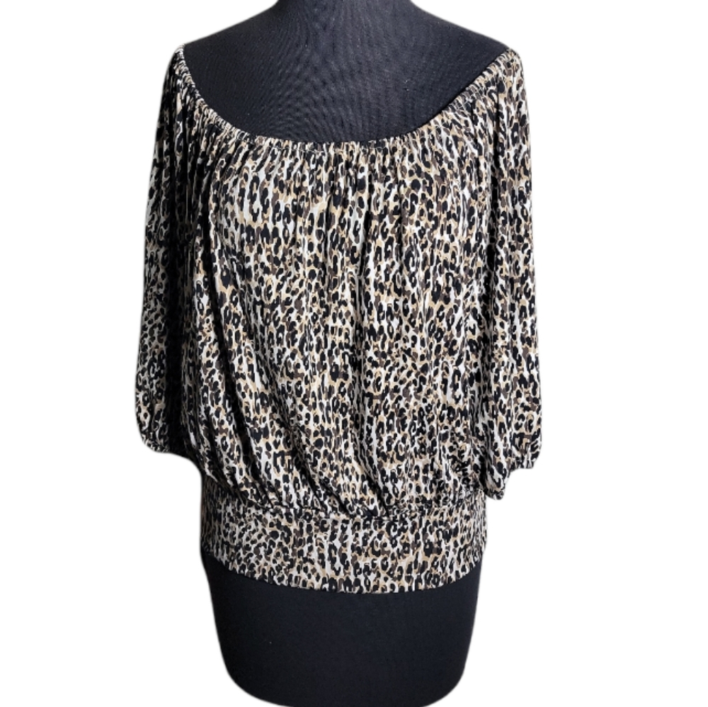 Chaus leopard print off shoulder top 3/4 sleeve women’s small tan black cream